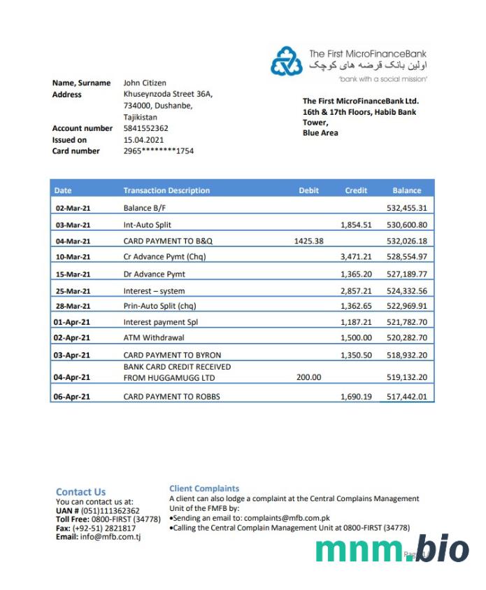 Tadżykistan pierwszy szablon wyciągu bankowego mikrofinansowania (FMFB) w programie Word i PDF